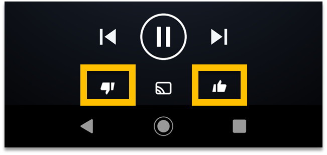 Amazon Music アプリのサムアップボタンとサムダウンボタン