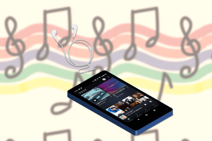 Amazon Musicのアプリを開いたスマホとイヤホン