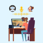 ボイスチェンジャーで声を変換してパソコンでゲームをする女性
